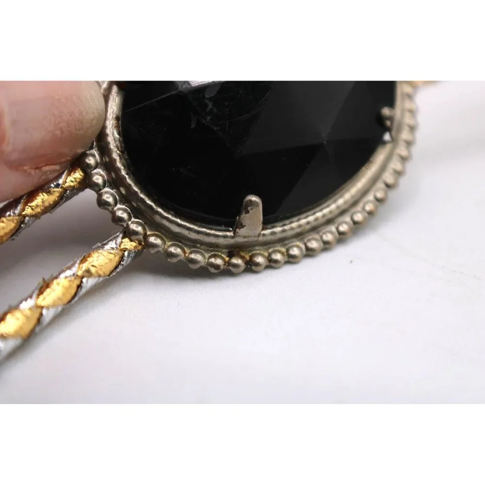 Black Jewel Acrylic Bolo Tie Silver & Gold Braided Cord Oval Faceted Western Vtg